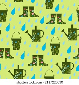 Vector illustrations of watering can, rubber boots and bucket decorated with branches with leaves pattern seamless