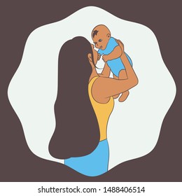 Vector illustrations with wave circle frame. A mother holds her baby son or daughter picks up. Happy Mother`s Day design for a flyer, banner or poster.