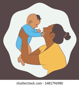 A vector illustrations with wave frame. A mother holds her baby son picks up. Happy Mother`s Day design for a flyer, banner or poster.