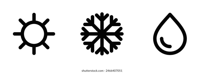 Ilustraciones vectoriales de íconos de Clima incluyendo sol, copo de nieve y gota de lluvia. Trazo editable.