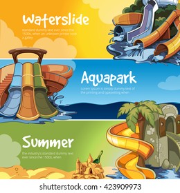 Vector Illustrations. Web Banners Of Water Slide In An Aqua Park