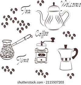 vector illustrations for web design - coffee grinder, kettle, coffee maker, cezve