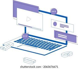 Vektorgrafiken. Webseiten-Seiten werden auf einem Laptop-Bildschirm angezeigt. Online-Schulung.