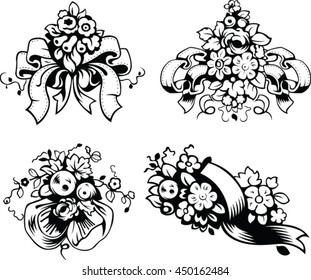Vector illustrations of wedding bouquets, black and white style