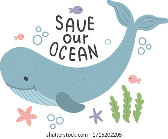 vector illustrations of whale and save the oceans hand lettering text