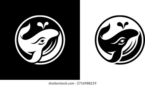Ilustrações vetoriais de uma baleia salpicando a água, apresentadas em um emblema circular em fundos contrastantes