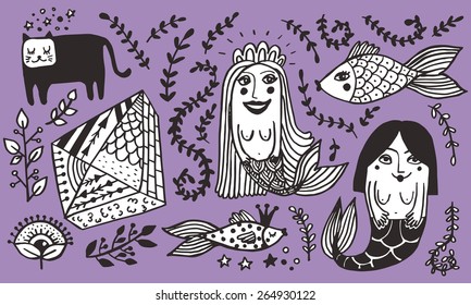 Vector illustrations of whimsical mermaids, fish and cat