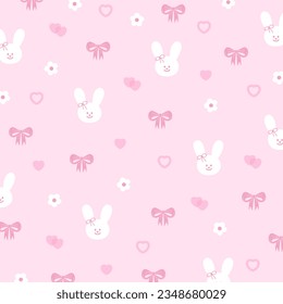Vector illustrations of white bunny,  flowers, ribbon, heart on pastel pink background for wallpaper, rabbit animal, fabric print, pattern, Valentine's Day, sticky note, gift wrap, packaging, easter