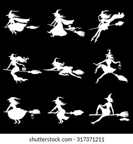 Vector illustrations of white negative silhouette witches flying on broomstick set on black background