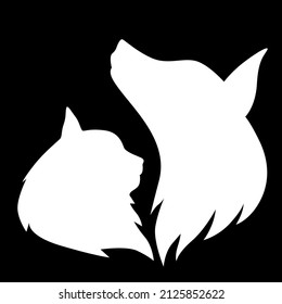 Vector illustrations of white silhouette of a cat and dog muzzle profile icon on black background
