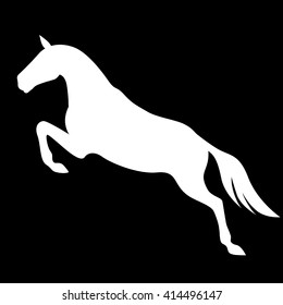 Vector illustrations of white silhouette of jumping horse on black background