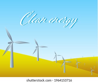 Vector illustrations of wind turbines for the production of clean renewable energy.