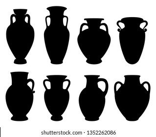 Vector Illustrations for wine production. Silhouettes of Greek Amphoras with copy space of earthenware ancient products from Greece.