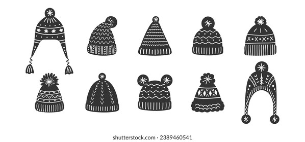 Ilustraciones vectoriales de accesorios lindos de invierno - sombreros de punto con diferentes ornamentos. Capas calientes de lana de moda. Juego de prendas de vestir de punto.