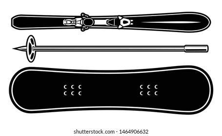 Vector illustrations of a winter sport equipment such as ski, snowboard and ski poles, isolated on the white background.