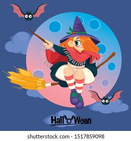 Vector illustrations of witch and bats on the moon