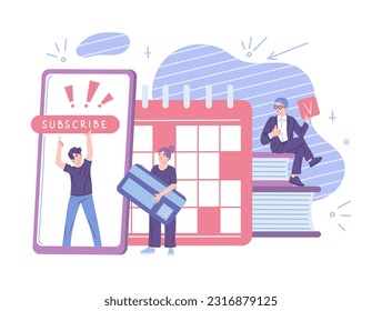 Vector illustrations of woman with bank card and men subscribe plan. Huge calendar, smartphone on abstract background with books. Concept of subscription bloggers, channel