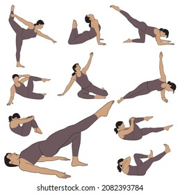 Vector illustrations of woman in costume practicing yoga and fitness. Colored silhouettes of slim girl doing yoga exercises in different poses isolated on white background. Yoga icons.