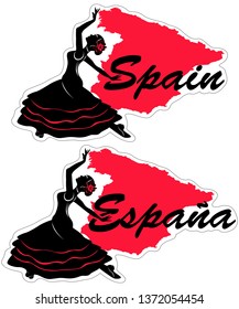 Vector illustrations of woman flamenco dancer with word Spain or Espana (Spanish language) and Spanish map