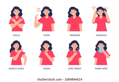 Vector illustrations of a woman suffering from symptoms of the cold and flu. Symptoms: chills, fever, tiredness, headaches, muscle aches, cough, sore throat, runny nose isolated on white background.