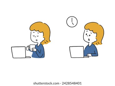 Vector illustrations of a woman taking a break and a woman feeling rushed