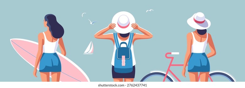 Vector illustrations of women on the theme of summer adventures, travel, beach fun and relaxation.	