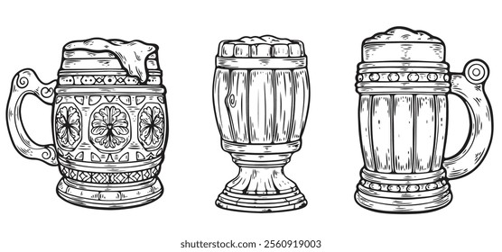 Vector illustrations of a wooden beer mug in a clean, modern line art style. Collection of 3 mugs. 