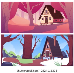 Vector illustrations with wooden houses with a chimney in the forest. Two scenes with different seasons: a spring morning with melting snow and a sunset in summer