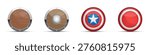 Vector illustrations of wooden and metal shields with star and target icons