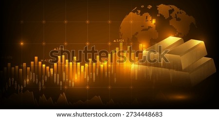 Vector illustrations of world economics artwork and background with gold market increase graph uptrend for financial and investment advertising.