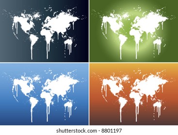Vector illustrations of world maps splattered on four different beautiful gradient backgrounds: light blue, fire, green (world) and dark teal.