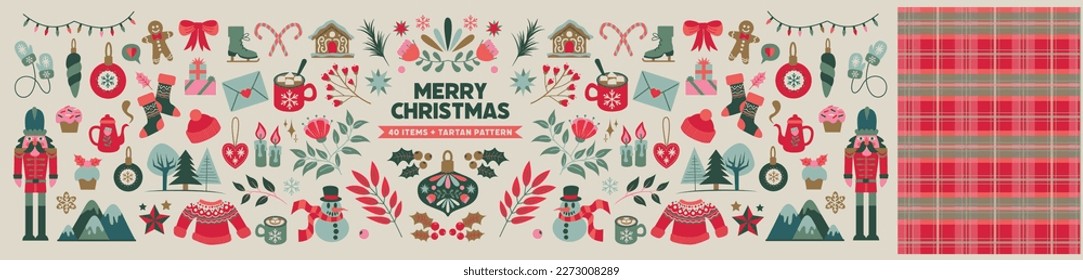 Vector illustrations of Xmas mood items. Cozy winter Christmas holiday set design elements. Floral ornaments, hot chocolate, gifts, pullover, mountains. Illustration isolated on a background.