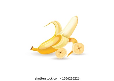 Vector illustrations of yellow bananas and pieces of banana isolated on white background.