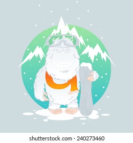 Vector illustrations yeti in the mountains with a snowboard