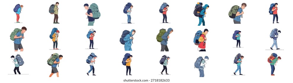 Ilustraciones vectoriales de mochileros y excursionistas masculinos jóvenes que llevan paquetes de viaje pesados y de gran tamaño, conjunto aislado.