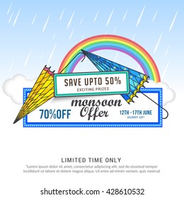 Vector illustration,sale banner,poster or flyer for Monsoon season raining drops background.