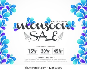 Vector illustration,sale banner,poster or flyer for Monsoon season raining drops background.