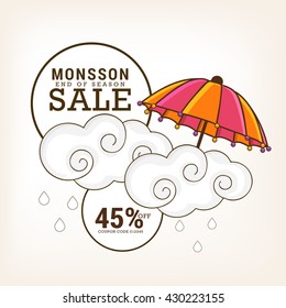 Vector illustration,sale banner,poster or flyer for Monsoon season with raining drops and colorful umbrella.