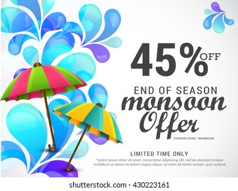 Vector illustration,sale banner,poster or flyer for Monsoon season with raining drops and colorful umbrella.
