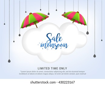 Vector illustration,sale banner,poster or flyer for Monsoon season with raining drops and colorful umbrella.