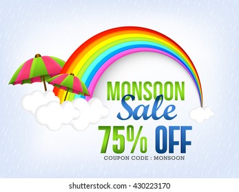 Vector illustration,sale banner,poster or flyer for Monsoon season with raining drops and colorful umbrella,rainbow background.