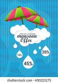 Vector illustration,sale banner,poster or flyer for Monsoon season with raining drops and colorful umbrella.