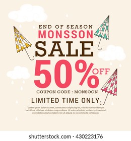 Vector illustration,sale banner,poster or flyer for Monsoon season with raining drops and decorated umbrella.