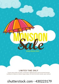 Vector illustration,sale banner,poster or flyer for Monsoon season with raining drops and colorful umbrella.