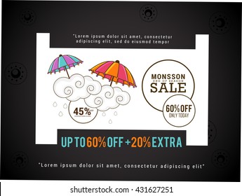 Vector illustration,sale banner,poster or flyer for Monsoon season with raining drops and colorful umbrella.60% off.