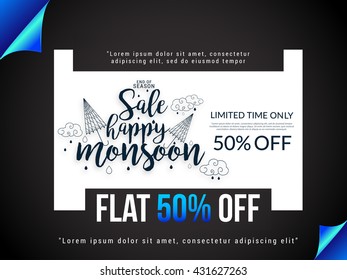 Vector illustration,sale banner,poster or flyer for Monsoon season with raining drops and colorful umbrella,rainbow background.