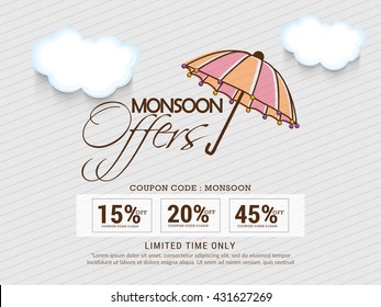 Vector illustration,sale banner,poster or flyer for Monsoon season with raining drops and colorful umbrella,rainbow background.