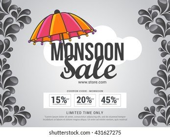Vector illustration,sale banner,poster or flyer for Monsoon season with raining drops.
