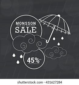 Vector illustration,sale banner,poster or flyer for Monsoon season with raining drops.