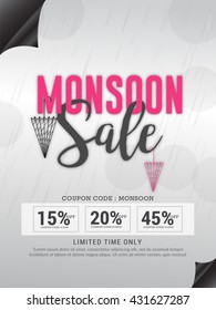 Vector illustration,sale banner,poster or flyer for Monsoon season with raining drops and colorful umbrella.